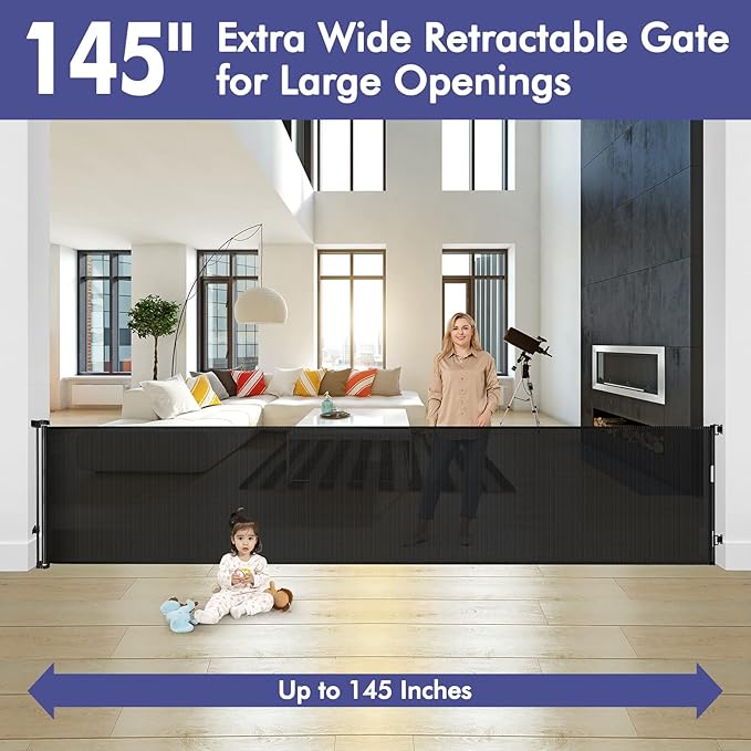 145 Inch Extra Wide Baby Gate for Extra Wide Openings Retractable Baby Gates for Doorways Outdoor Pet Gates for Dogs Indoor Large Baby Gate Retractable Gate Adjustable Large Dog Gate for Stairs, Black