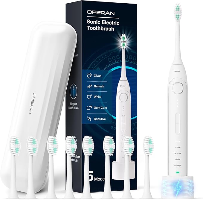 Operan Electric Toothbrush for Adults and Kids Rechargeable Sonic Toothbrush with 5 Modes 2-Min Smart Timer IPX7 Waterproof 40,000 VPM Motor with 8 Brush Heads & Travel Case (White)