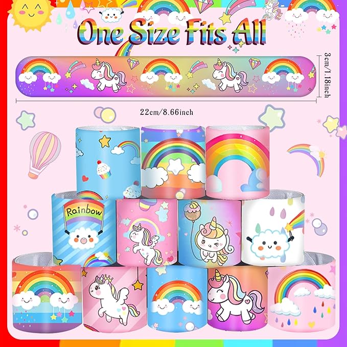 48PCS Rainbow Party Favors Rainbow Unicorn Slap Bracelets Wristbands for Rainbow Unicorn Birthday Decorations Supplies Goodie Bag Fillers for Boys Girls