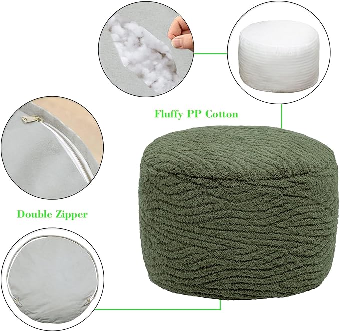 Pouf Ottoman Stuffed 20x20x12 Inches Floor Pouf Plush Fiber Ottoman Foot Rest Under Desk Foot Stool for Living Room Bedroom (Green)
