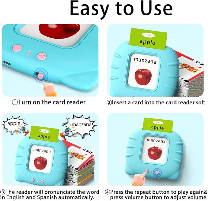 Kidzdo Spanish and English Audible Toys, Bilingual Español/English Talking Flash Cards with Music for Preschool,Kindergarten Toddler 2 3 4 5 6 to Learn Spanish English