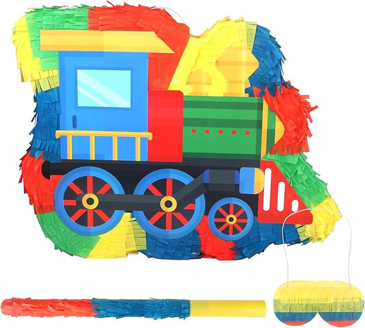 3D Train Pinata with Blindfold Stick Confetti, Railroad Themed Party Supplies, Train Pinata for Boys Birthday Party Supplies,Train Theme Party Decoration for Kids Girls Boys,15.8x11.8x2 Inches