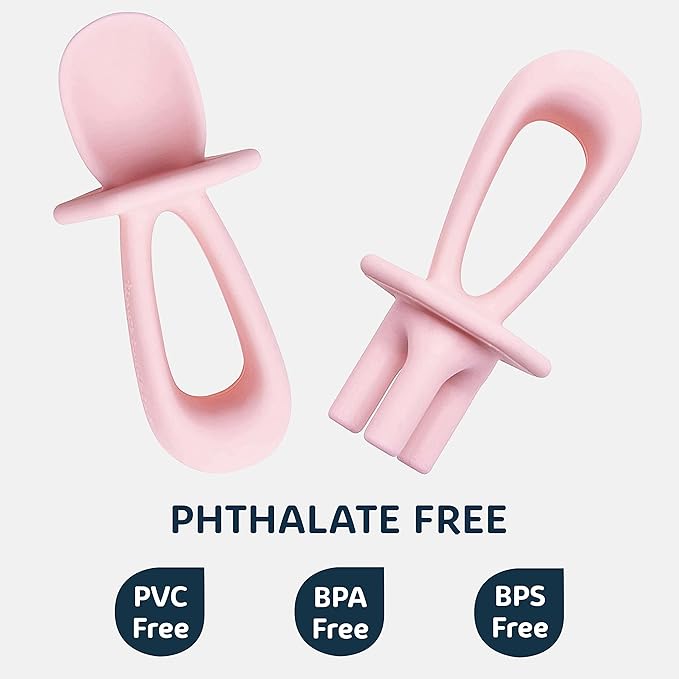 Tiny Twinkle Silicone Training Utensils - Baby Spoons and Baby Forks For Self-Feeding Training - Silicone Baby Led Weaning Utensils For Toddlers And Babies 6-24 Months - Baby Feeding Supplies (Rose)