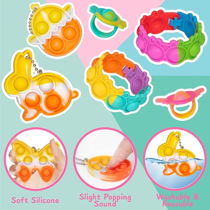 30 Packs Easter Plastic Printed Bright Eggs,Easter Theme Pop Keychain Bracelets Rings Bubble Toys Set,Fidget Stress Relief Squeeze for Basket Stuffer,Classroom Exchange Game Prize Supplies