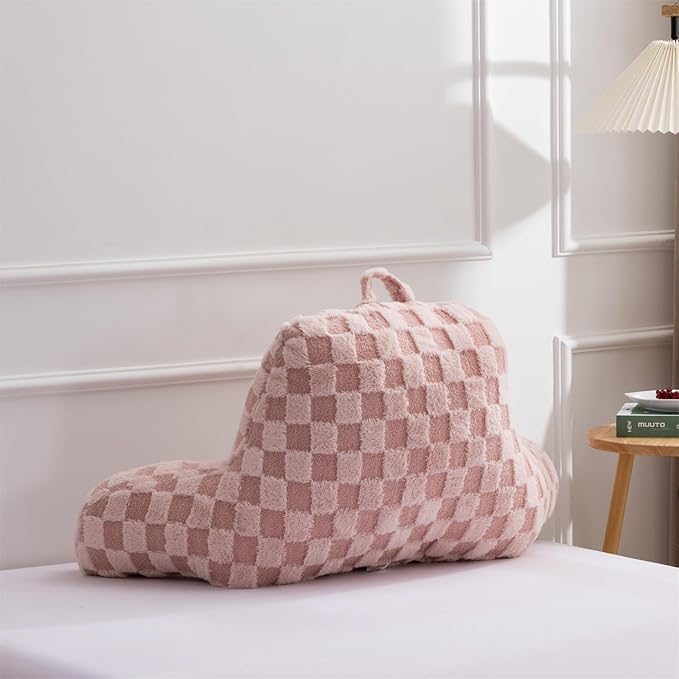 Aimuan Reading Pillow Checkered Bed Rest Wedge Backrest Checkerboard Pillow with Arms Back Support for Sitting Up in Bed Cushion Incline Rest Sleeping Snoring Pillow, Pink
