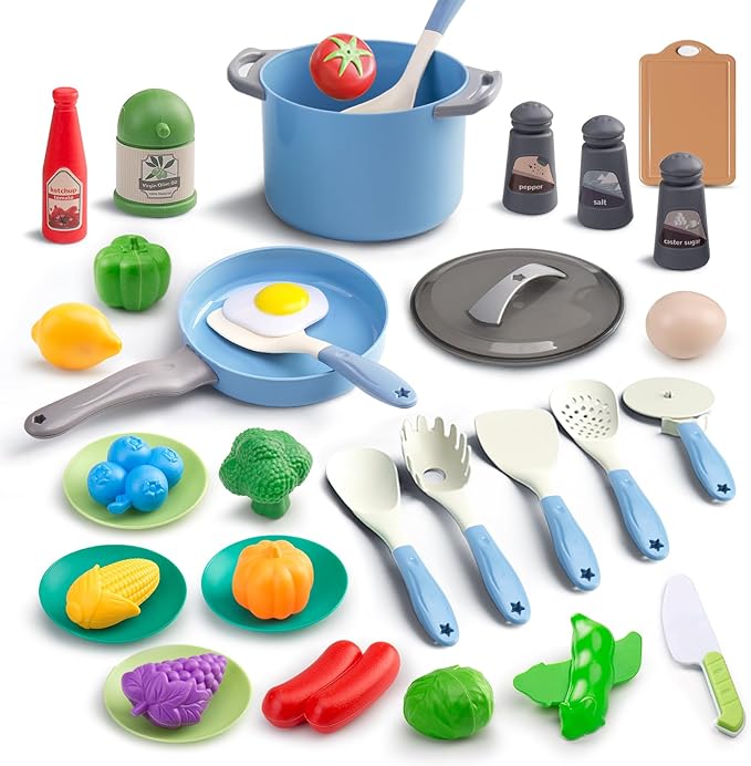 35Pcs Kids Kitchen Toy Accessories, Toddler Pretend Cooking Playset with Play Pots and Pans, Utensils Cookware Toys, Play Food Set, Toy Vegetables, Learning Gift for Girls Boys (Blue)