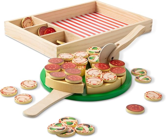 Melissa & Doug Pizza Party Wooden Pretend Play Food Set With 36 Toppings, Preschool Toy Pretend Food, Play Wooden Pizza And Cutter, Toy For Kids Ages 3+