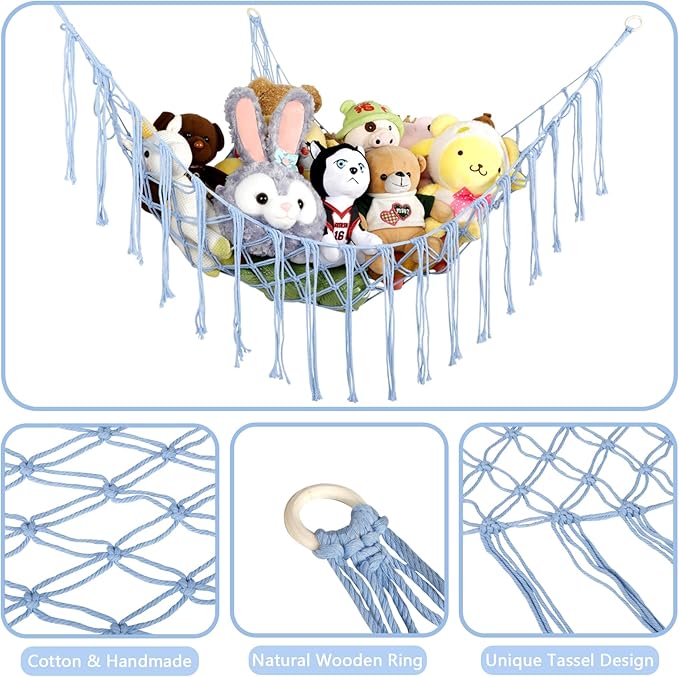 Boho Stuffed Animals Net or Hammock Large,55 inch Toy Hammock Macrame Stuff Animal Storage Corner Hanging Net Holder,Mesh Hammock Plush Toy Organizer with Hooks for Bedroom,Nursery (Baby Blue)