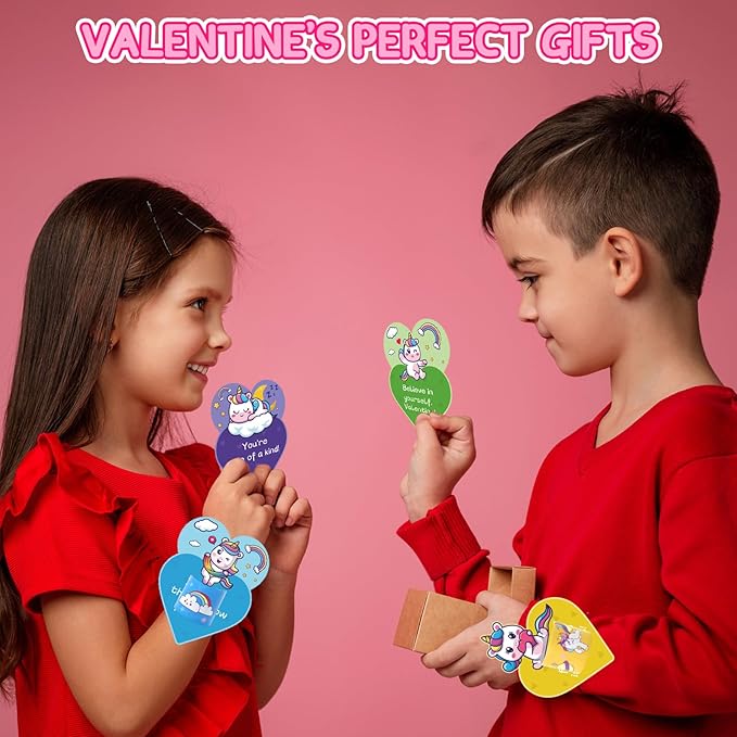 30 Pack Valentines Day Gifts for Kids, Unicorn Slap Bracelets Party Favor Set with Valentines Greeting Cards for Kids, Valentine's Day School Prize Party Favor, Classroom Exchange Gift
