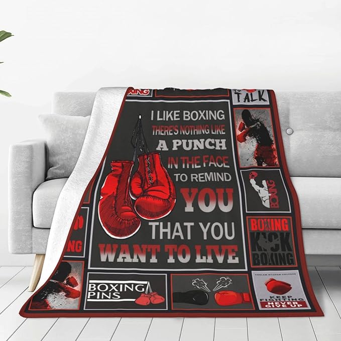 Boxing Throw Blanket Sports Theme Boxing Blanket Gifts for Boys Adult Men Boxing Gloves Pattern Bed Blanket Sports Games Room Decor Fighting Competition Pugilism Flannel Blanket for Couch 60"X80"