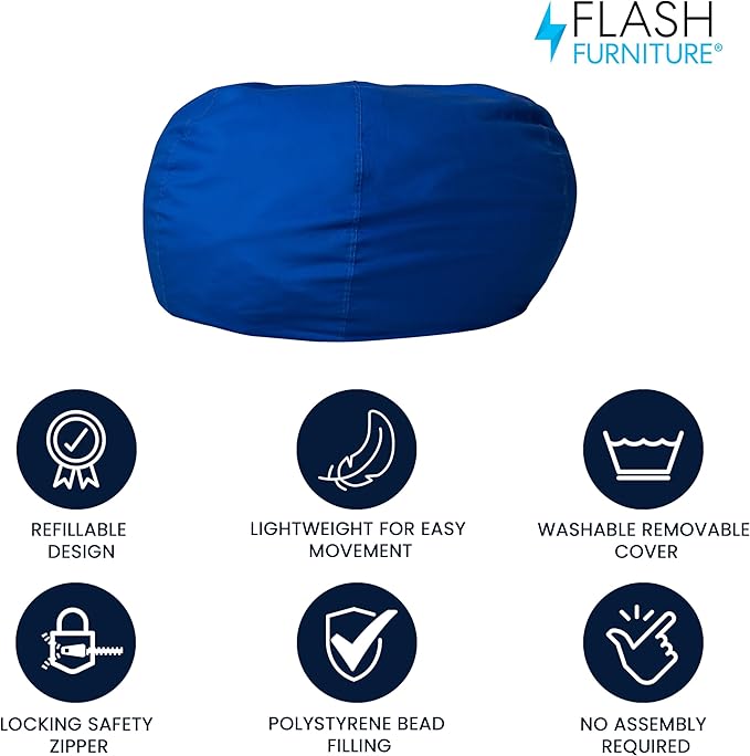 Flash Furniture Duncan Oversized Bean Bag Chair for Kids and Adults, Foam-Filled Beanbag Chair with Machine Washable Cover, Royal Blue