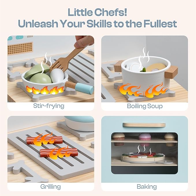 ROBOTIME Wooden Toy Kitchen Oven Playset, Montessori Pretend Play Kitchen Accessories with Pizza and Cupcakes Food Toys, Wooden Pizza Oven Set Toys for Toddlers & Kids