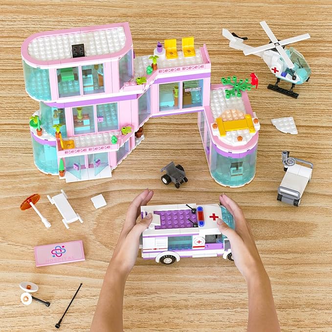 QLT QIAOLETONG Friends City Hospital Building Set, Ambulance Truck with Hospital Bed Wheelchair Playset Birthday, Gift for Boys Girls Kids 6+ Years Old-Compatible with Lego for Girls Age 8-12