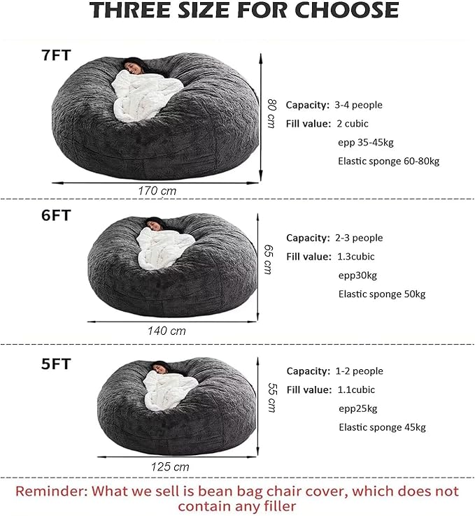 BCU Oversized Bean Bag Cover Comfy Beanbag Chair for Adults Without Filler Faux Fur Floor Chair Lazy Sofa Cover Comfy for Living Room Chairs, Dark Blue, 5FT