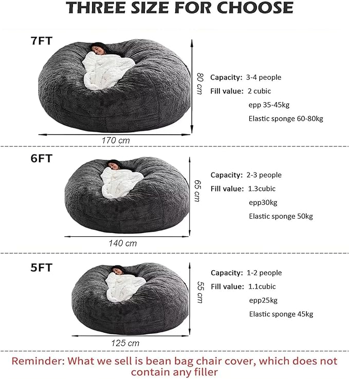 BCU 6FT Bean Bag Chair for Adults and Kids Without Filler Giant Stuffed Animal Storage Cover Soft Faux Fur Floor Chair Cover for Bedroom Living Room, Brown