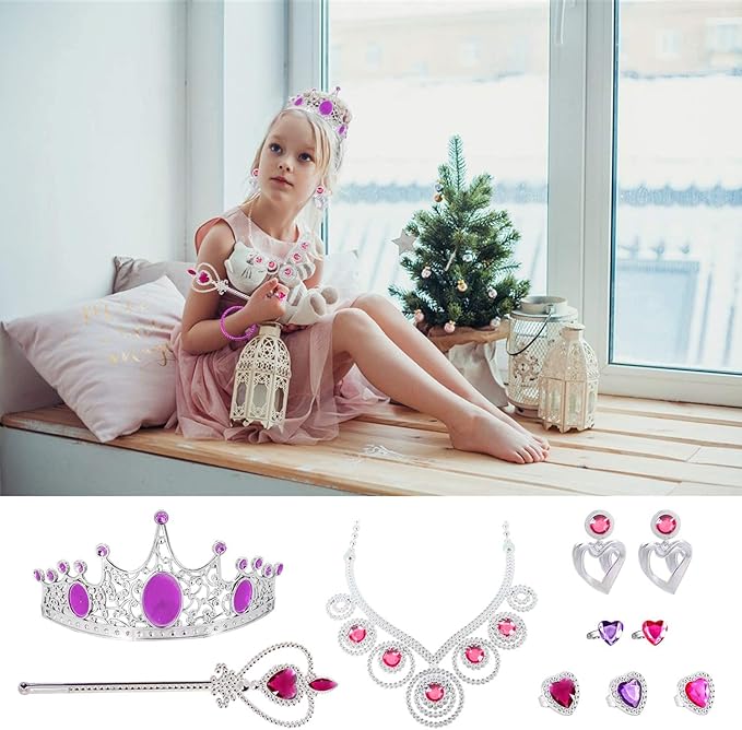 56 Pack Princess Jewelry for Girls Princess Dress Up Accessories Kids Play Jewelry for Girls Included Crown Wand Necklace Bracelet Rings Earrings Great as Princess Party Decoration