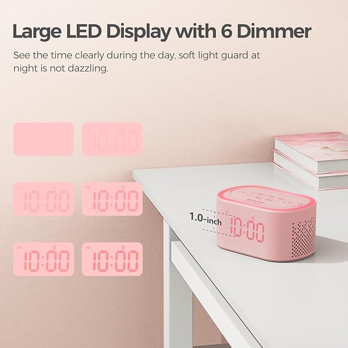 Reacher Pink Alarm Clock & Sound Machine for Girls Room, 21 Soothing Sounds, 7 Wake Up Sounds, 8 Night Lights, 32-Level Volume, Auto-Off Timer, Memory Function, Aesthetic Clock for Bedroom, Home