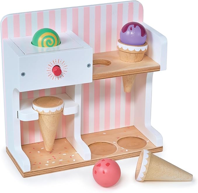 Mentari Toys - Ice Cream Kiosk - 7pc Wooden Play Shop with Cornets & Scoops - Press & Drop Feature - Pretend Play Toy for Toddlers - Encourages Creativity, Fine Motor Skills & Social Play - Age 3+