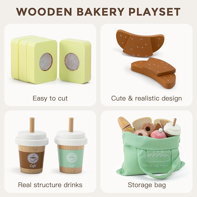 17 PCS Wooden Bakery Toy Food Playset for Kids, Pretend Picnic Play Food for Toddlers 3+, Play Kitchen Accessories with Shopping Bag, Cutting Food Toys, Gift for Girls Boys and Girls