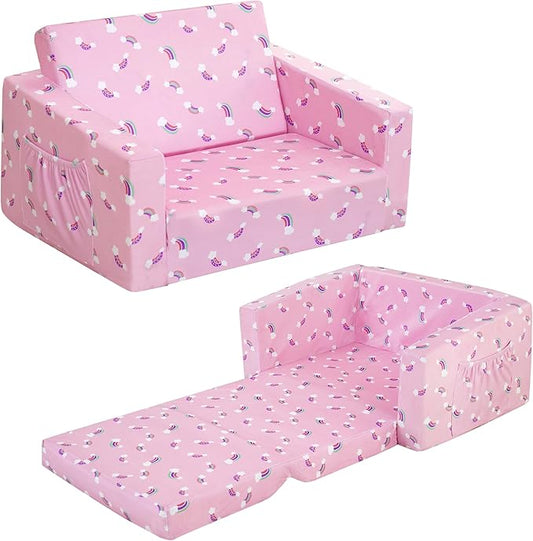 MallBest Kids Sofas Toddler Couch Bed Baby's Upholstered Chair Sleepover Couch Flipout Open Recliner(Pink/Rainbow)…