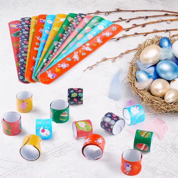 48pcs Easter Slap Bracelets Easter Egg Bunny Snap Bracelet Party Favor Toys for Kids Easter Basket Stuffers Egg Filler Classroom