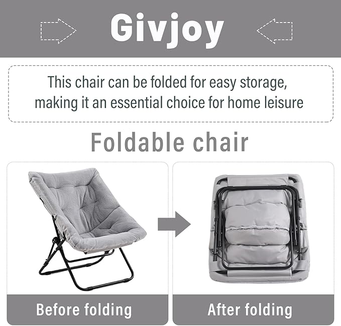 Comfy Saucer Chair, Soft Faux Fur Oversized Folding Accent Chair, Flexible Lounge Lazy Chair for Adults Kids, Metal Frame Moon Chair for Dorm Room, Bedroom, Living Room