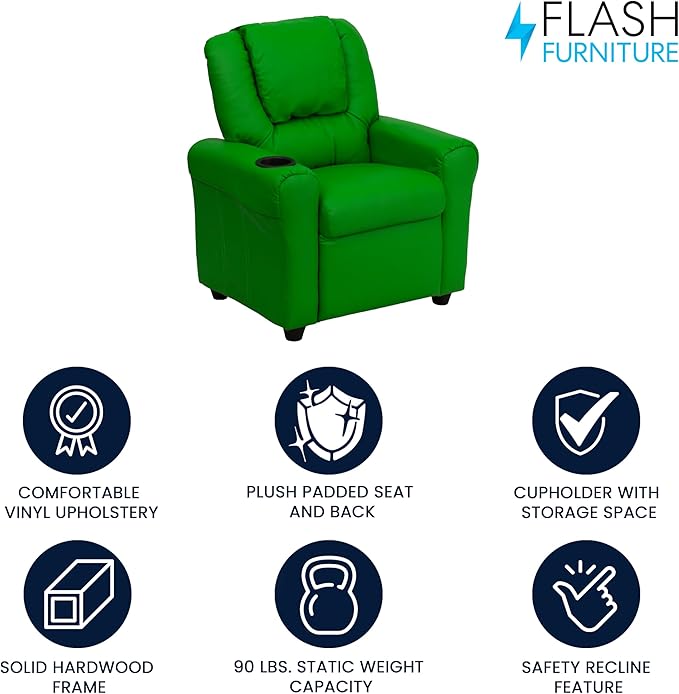 Flash Furniture Vana Vinyl Kids Recliner with Cup Holder, Headrest, and Safety Recline, Contemporary Reclining Chair for Kids, Supports up to 90 lbs., Green