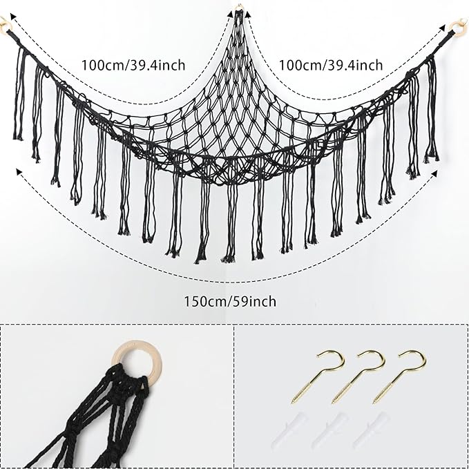Boho Stuffed Animals Net or Hammock Large,55 inch Toy Hammock Macrame Stuff Animal Storage Corner Hanging Net Holder,Mesh Hammock Plush Toy Organizer with Hooks for Bedroom,Nursery (Black)