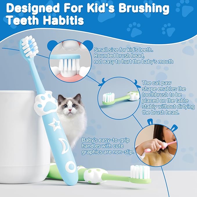 Kids Toothbrush 8 Pack Toddler Toothbrush for 2-10 Yeas Old Soft Children Manual Toothbrush for Clean Teeth Cute Cat Shaped Make Your Baby Love Brushing Teeth Multicolor
