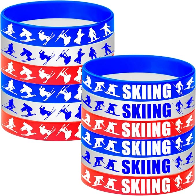 24PCS Skiing Themed Rubber Bracelets Sport Slicone Wristbands Snowboard/Skier Party Supplies Birthday Baby Shower Party Favors