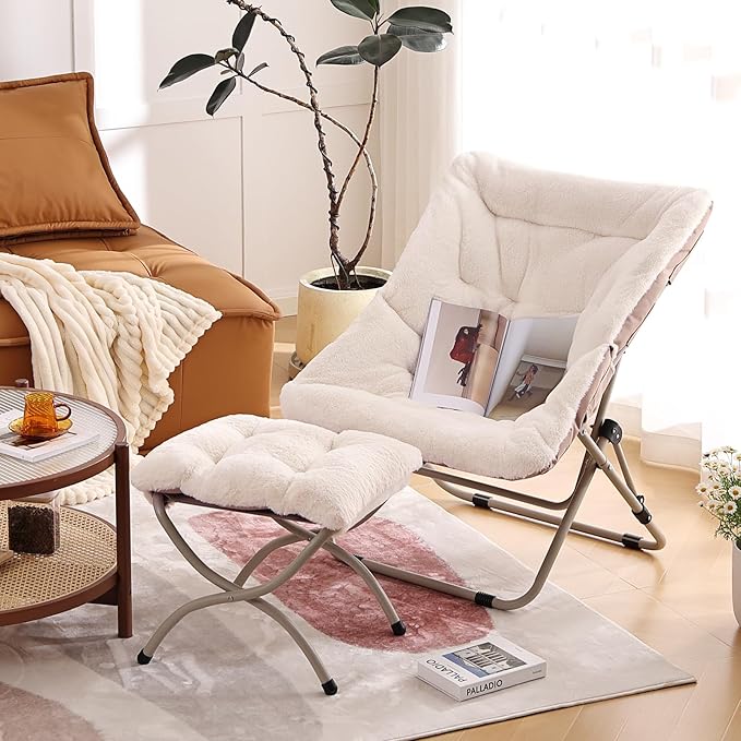 Comfy Saucer Chair with Ottoman, Oversized Folding Faux Fur Chair Soft Furry Lounge Lazy Chair with Metal Frame Moon Chair Accent Chair for Bedroom, Living Room, Dorm Rooms