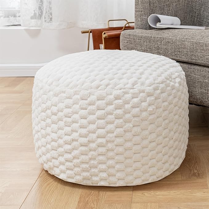 Round Stuffed Pouf Ottoman 20x20x12 Inches Faux Fur Ottoman Foot Rest Under Desk Foot Stool Great for Living Room, Bedroom Small Furniture (Ivory Pouf with Filler)
