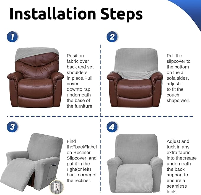 KEKUOU Recliner Chair Covers Lazy Boy Recliner Covers Stretch Couch Cover Slipcovers 1 Piece Furniture Protector with Elastic Bottom for Dog,Kids.(Recliner, Silver)