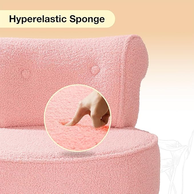 Sherpa Vanity Chair with Back Small Makeup Chair with Wood Legs Sherpa Vanity Stool Tufted Accent Chairs with Low Back Makeup Chair for Vanity for Women Girl and Kids (Pink)