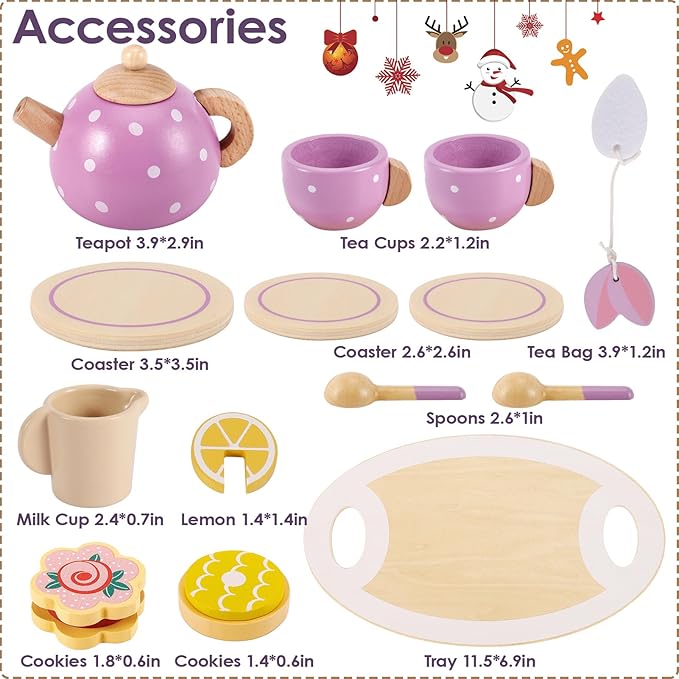 BUYGER Wooden Tea Party Set for Little Girls with Play Food Kitchen Accessories Toy Pretend Play Princess Tea Party Time for Girls Boys Children Toddlers 3 4 5 6 7+ Years Old