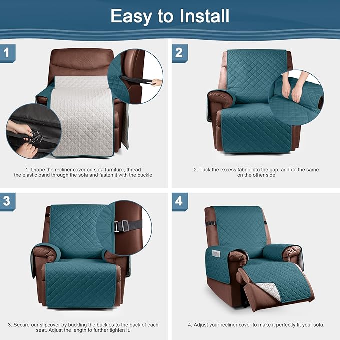 KinCam 100% Waterproof Recliner Chair Cover, Reclining Couch Covers for Pets, Dogs, Recliner Couch Slipcover Furniture Protector with Elastic Straps for Kids(23.6", Peacock Blue)