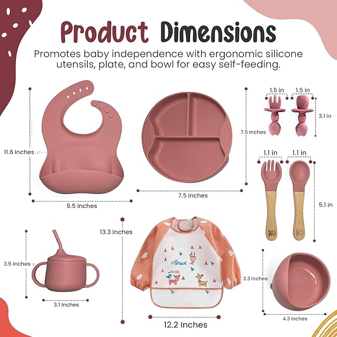 Silicone Baby Feeding Set, Eating Utensils with Suction Plate and Bowl, Baby Led Weaning Supplies, Toddler Self Feeding Dish Set with Waterproof Full Sleeve Bib, Spoon, 10pcs (Pink)