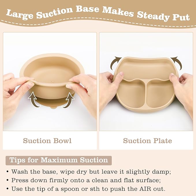 Silicone Baby Feeding Set, Baby Led Weaning Supplies with Suction Bowl Divided Plate, Toddler Self Feeding Dish Set with Spoons Forks Sippy Cup Adjustable Bib, Eating Utensils for 6+ Months(Khaki)