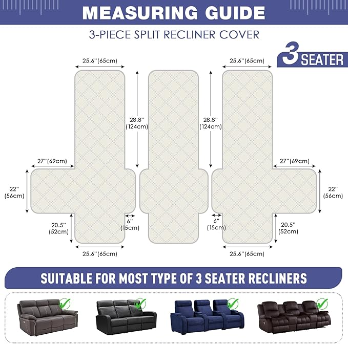 TAOCOCO 100% Waterproof Recliner Sofa Covers 3 Seater, Split Couch Covers for Reclining Couches for Kids Pets, Non Slip Reclining Couch Covers Furniture Protector with Straps(3 Seater, Navy Blue)