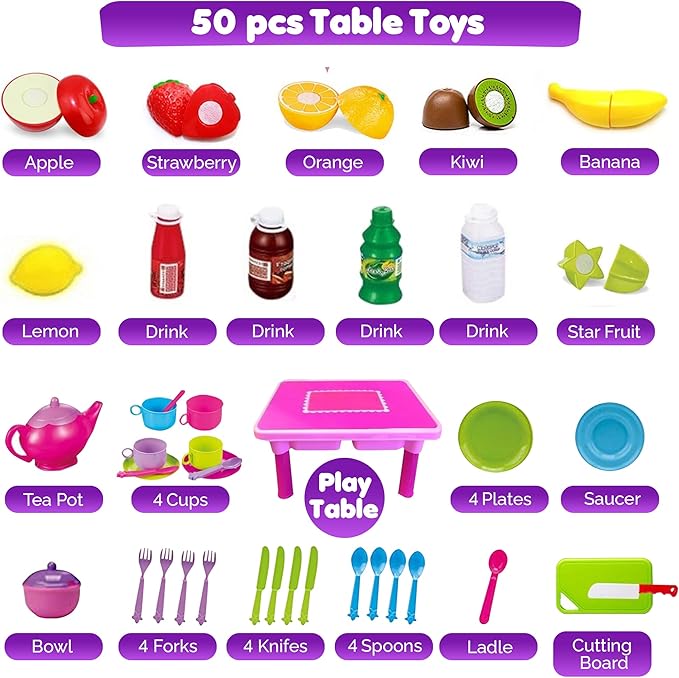 50-PCS Foldable Toy Table with Play Dishes and Tea Set for Little Girls - Kitchen Accessory Toys with Play Dish Sets, Play Food, Cutting Fruits, Toy Knife & Utensils | Gift for Toddler Girl