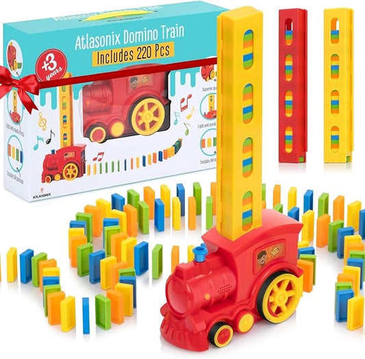 220 Dominoes Train Set - Automatic Rally Setter for Boys & Girls - Creative for Ages 3-10 - Montessori Toy with Colorful Tracks - Fun Christmas & Birthday Toy, Automatic Block Laying Stacker Game