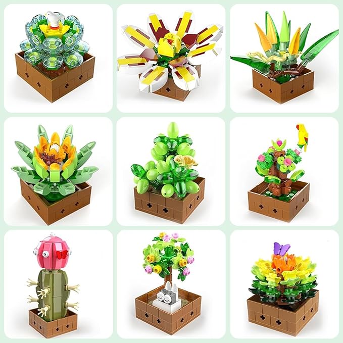 9 Flowers Succulents Botanical Collection Building Set Tiny Succulent Bonsai Plant Toy Compatible with Lego Flowers for Adult Home Décor Ideas Gifts for Boys Girls Women 913 PCS