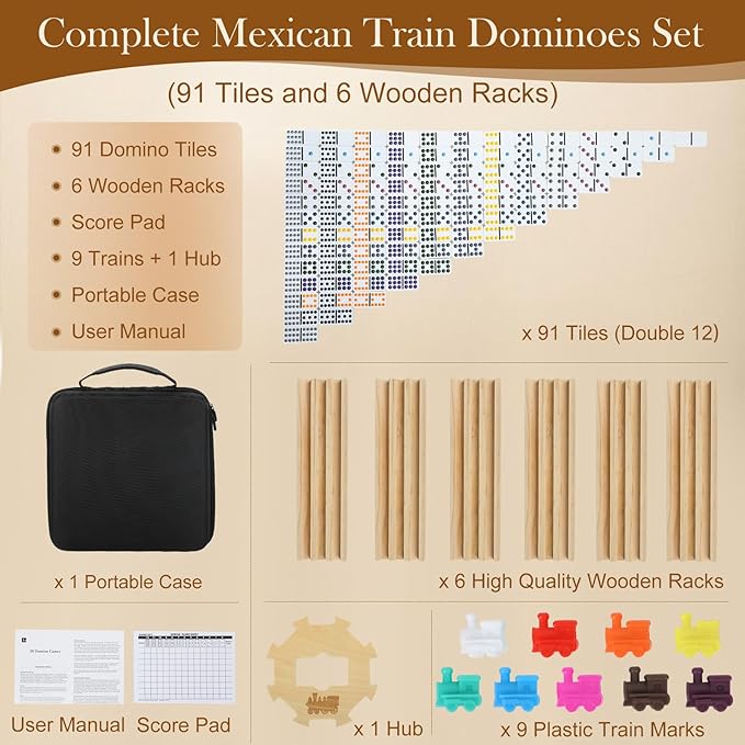 2-6 Players Mexican Train Dominoes Set with 6 Wooden Racks, 91 Tiles, Portable Case, Double 12 Dominos Set for Adults, Family Board Games for Adults, Valentines Day Gifts for Him Her Men Women Mom Dad