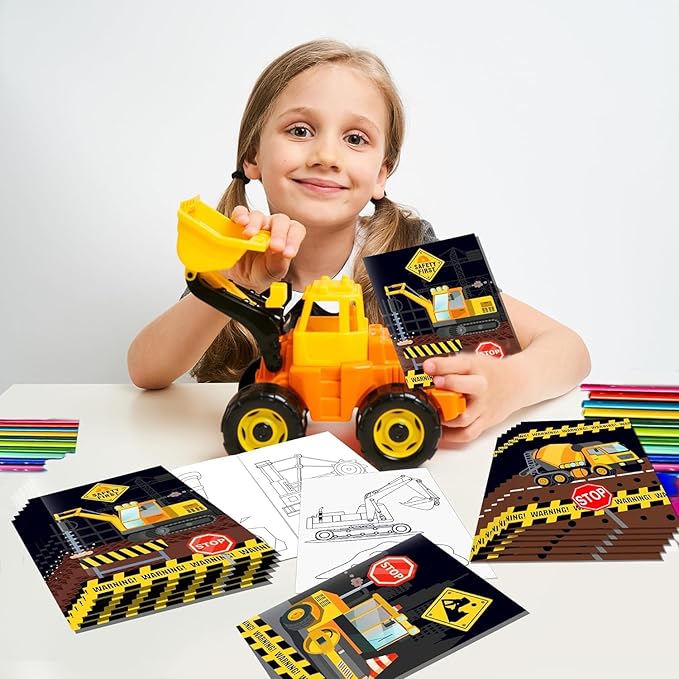 156Pcs Consrtuction Coloring Books with Crayons Bulk Truck Car Vehicle for Toddlers Kids 3-5 4-8 Tattoo Stickers Stamper Slap Bracelets School Classroom Gift Reward Goodie Bags Birthday Supplies
