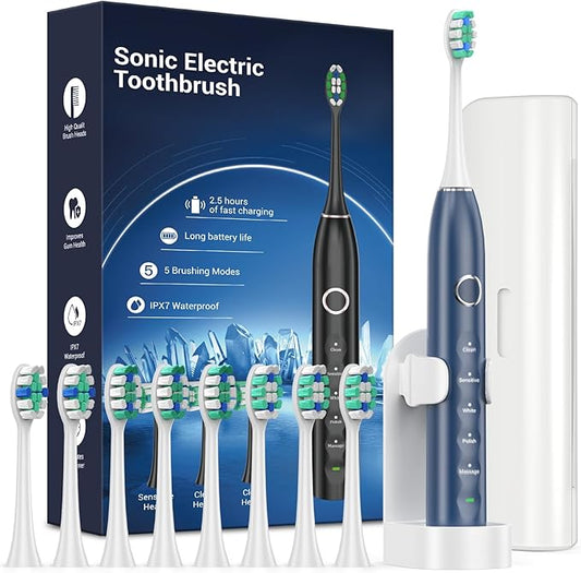Rtauys S5 Electric Toothbrush Set IPX7 with 8 Brush Heads, Sonic Toothbrush for Adults Rechargeable with Travel Case, 2.5 Hours Charge for 120 Days, 5 Modes with 2 Minutes Built in Smart Timer Blue