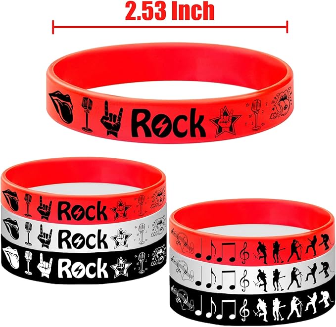 48PCS Rock and Roll Rubber Bracelets Silicone Wristbands -Rock and Roll Music Notes Party Supplies Decorations Guitar Audio Record Microphone Rap Birthday Baby Shower Party Favors
