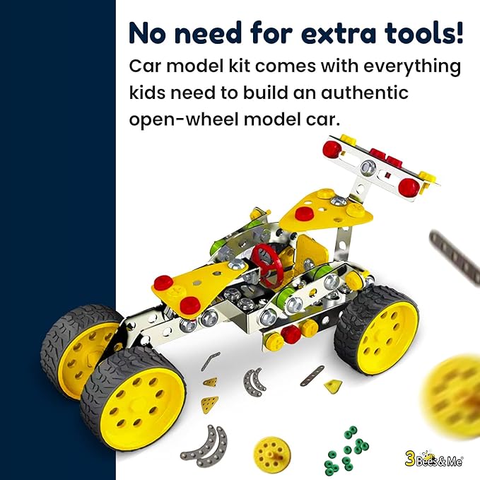3 Bees & Me STEM Car Building Erector Toy Kit | Educational Metal Project for Boys and Girls Aged 8-11 Years Old (Ages 6-7 with Help) Beginner Gift Set for STEM Learning and Junior Engineers
