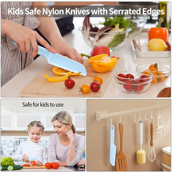 Kids Cutlery Set, 12pcs Plastic Utensils for Toddlers Real Cooking, Reusable Flatware Set with Nylon Serrated Knives, Fork and Spoon for Camping, Party, School Lunch Box (Macaron Colorful)