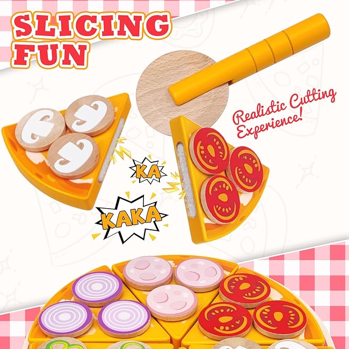 Wooden Pizza Toy for Kids, Toddler Play Food Pizza Cutting Set, Pretend Play Food with Toppings Cutter and Spatula Kitchen Accessories Montessori Toys Gifts for Boys Girls Ages 3 4 5 6 Years Old