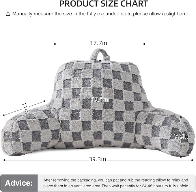 Aimuan Reading Pillow Checkered Bed Rest Wedge Backrest Checkerboard Pillow with Arms Back Support for Sitting Up in Bed Cushion Incline Rest Sleeping Snoring Pillow (Grey,Large)